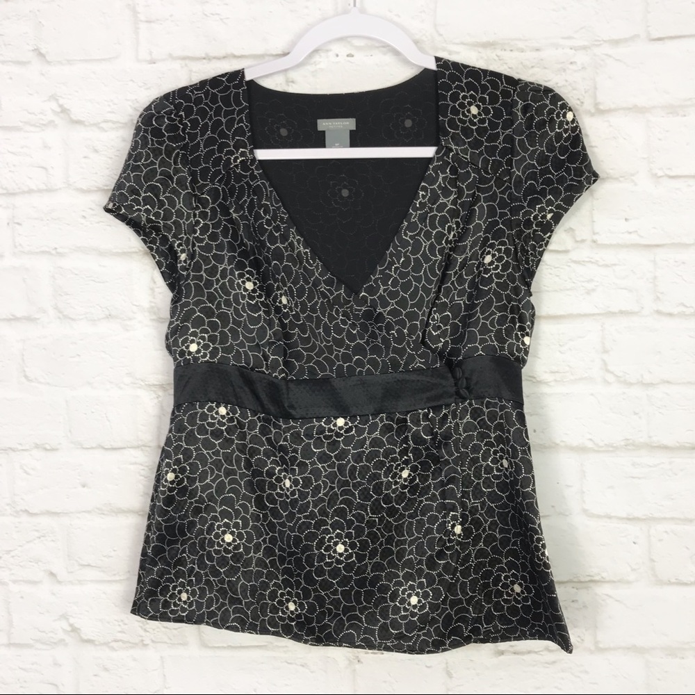 Ann Taylor Hammered Silk Faux Wrap Floral Top